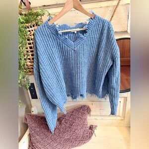 Ultra Flirt Distressed Blue V-Neck Sweater